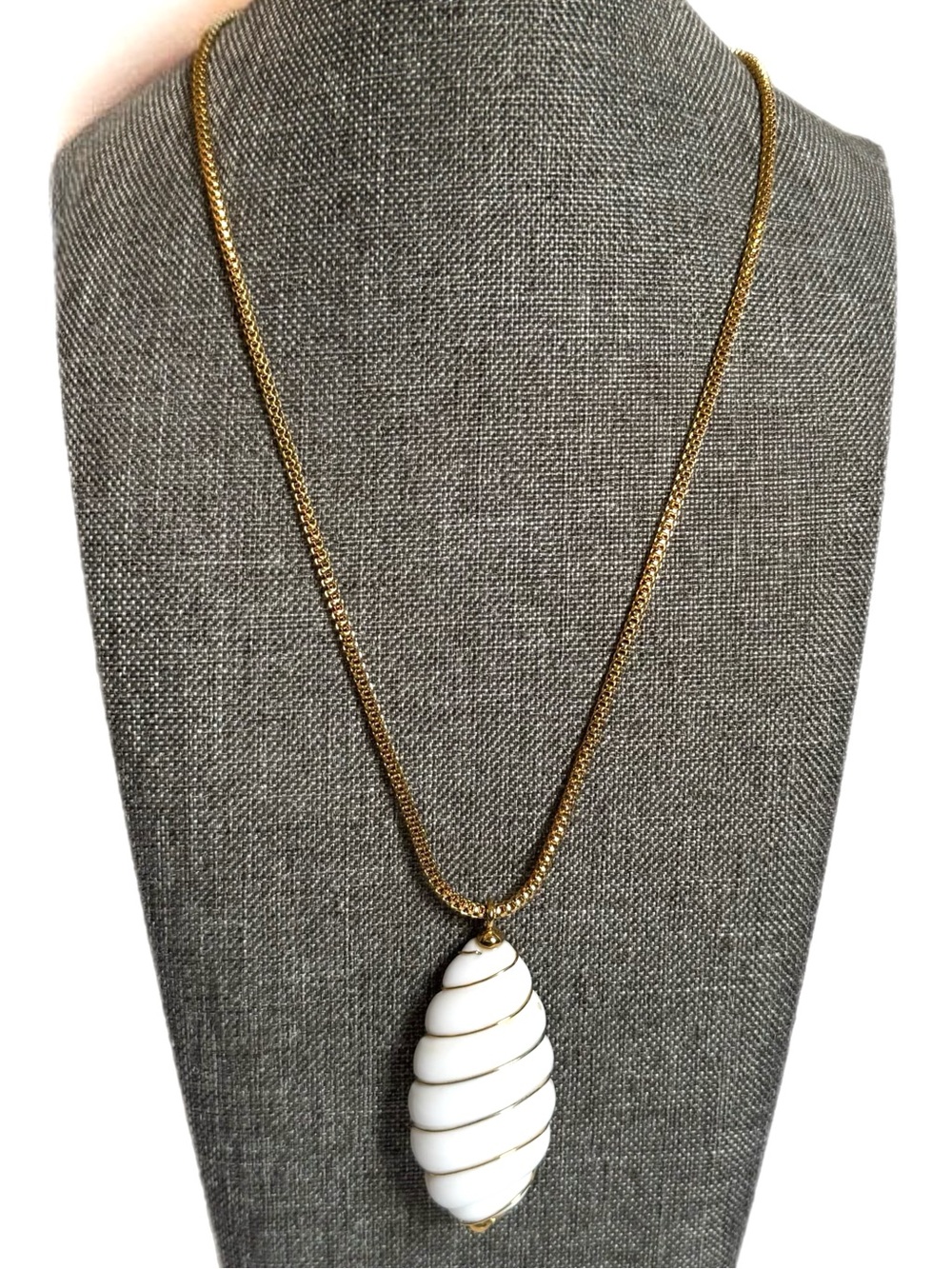 Monet Gold Tone Long Chain Necklace White Wire Wrapped Spiral Pendant Coastal